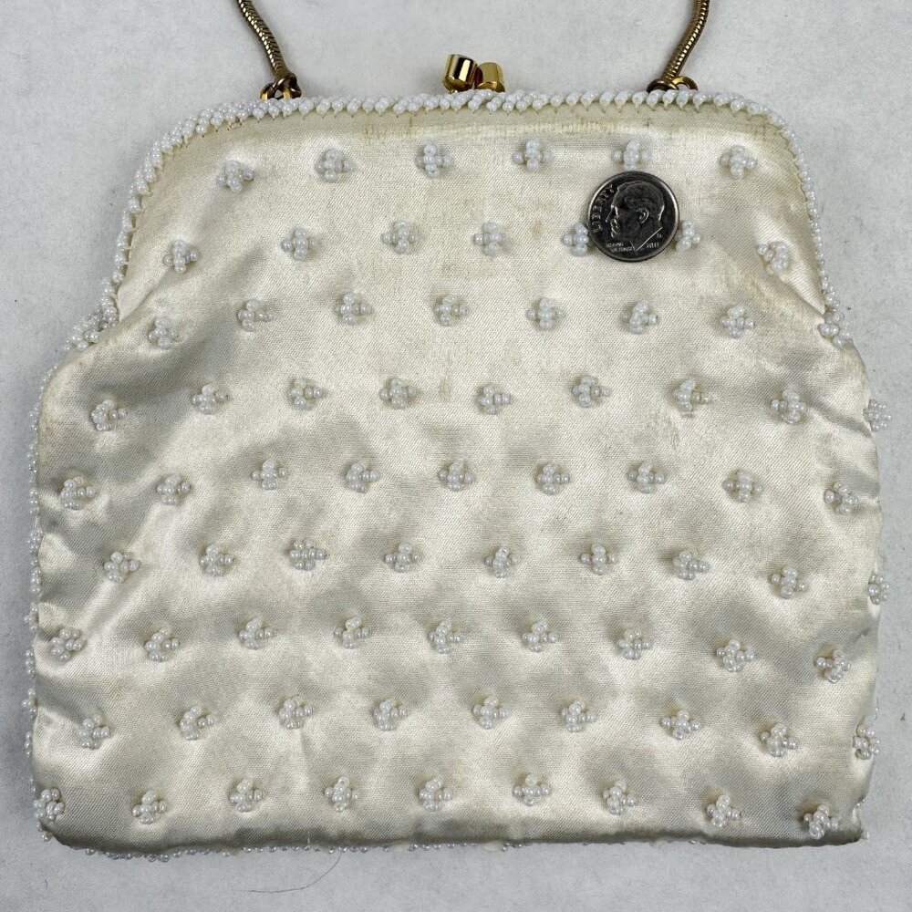 Vintage Womens White Beaded Geometric Floral Evening Bag Small Clutch Purse HK - Picture 8 of 12